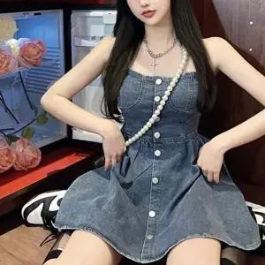 데님 크롭탑 러블리 튜브탑 캐주얼 버튼 티셔츠 미니-WD64CE1