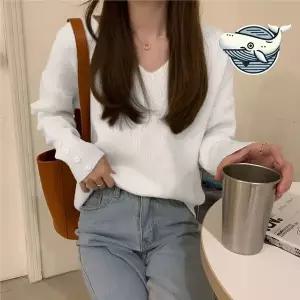 [하프클럽/]부드러운 브이넥 골지 니트 편안한 소매버튼