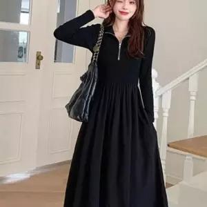 플리츠 여자 투피스 A라인 블랙 반집업 원피스 롱