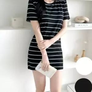 단가라 스트라이프 반팔 롱 티셔츠 원피스 여름 데일리웨어