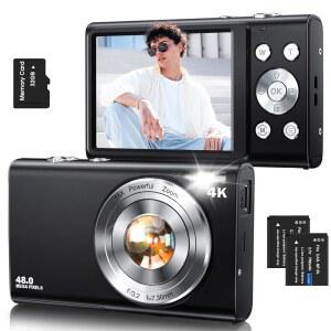 디지털 카메라, 32GB 카드, 48MP 휴대용 컴팩트 포인트, 16배 줌, 흔들림 방지, 배터리 2개(블랙)로 10대 성인 초보자를 위한 사진용 오토포커스 4K 브이로그 카메라(사진용)