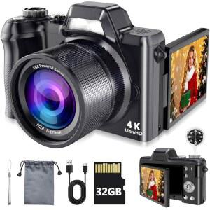 사진 및 브이로깅을 위한 4K 디지털 카메라, 5600만 화소의 포인트 촬영 180 플립 스크린, 16배 줌 컴팩트 여행용 32GB SD 카드로 성인 초보자를 휴대용 카마라