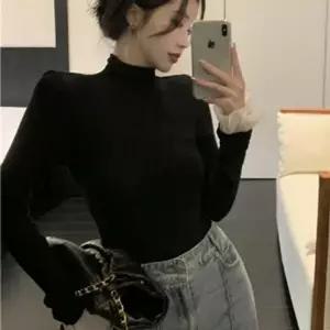 목티 여성 슬림핏 베이직 이너 소매 레이스 반폴라 티셔츠
