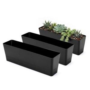 그리너 3PCS 16x3.8인치 창문 상자 화분, 배수구와 트레이가 있는 검은색 직사각형 허브 다육식물 꽃 창문, 정원, 발코니, 실내, 실외 장식용 플라스틱 화분
