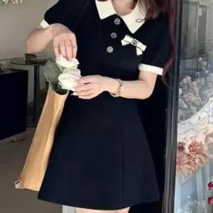 이쁘다요 카라 리본 블랙 플레어 배색 원피스 브로치 미니 반팔
