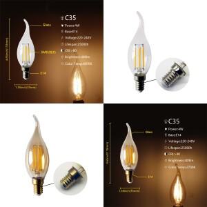 6PCS LED 필라멘트 조명 C35 E27 B22 E14 AC220V 4W 깜박임  2700K 4000K는 바 슈퍼마켓  가정 적합