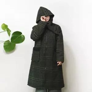 [앞머리]도톰 덤블 리본 후드 체크 롱 코트n1107