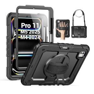 IPAD PRO 11인치 케이스 M5 2025 / M4 2024용 SEYMAC 화면 보호기가 있는 헤비 듀티 충격 방지 보호 케이스 360 회전 스탠드 손/어깨 스트랩 및 펜 홀더 블랙 qV8