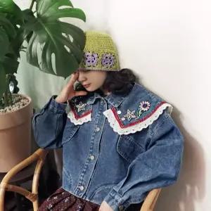 [앞머리]워싱 데님 레이스 플라워 비즈 빅 케이프 재킷n316