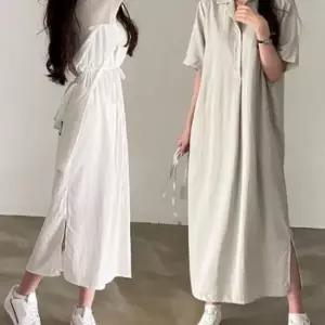 브이넷 셔츠형 단정한 카라 허리스트랩 롱치마 원피스