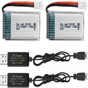 대부분의 RC 드론 쿼드콥터 공중 글라이더 로봇 배터리와 호환되는 USB 충전 케이블 몰렉스 플러그가 장착된 해상 점프 2PCS 3.7V 리포 배터리 420mAh 25C