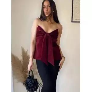 벨벳 보우 트위스트 Strapless 탑 v 넥 스트랩 리본 패션 슬리밍 빈티지 사교계 조끼 오프 숄더 블라우스