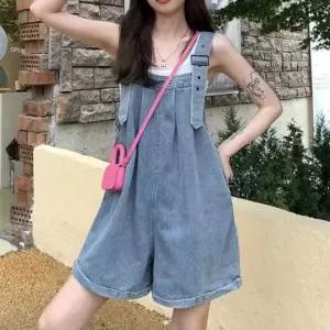 친절한탄씨 데님 통 멜빵 바지 와이드 반바지 어깨끈조절 스트랩 롤업디자인 여름 귀여운코디