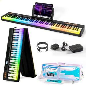 AiJoy 88키 접이식 피아노 키보드, 다채로운 조명 키, USB-MIDI가 포함된 반가중 풀사이즈 휴대용 디지털 피아노, 내장 스피커, 초보자용 서스테인 페달, 여행 및 작은 공간