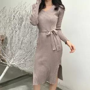 캐주얼룩 여자 패션 골지 슬림 긴팔 브이넥 롱원피스