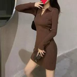 글램 슬림핏 여자 V넥 미니 원피스 긴팔 카라 골지