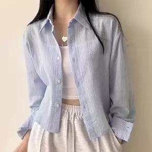 여름 시원한 파스텔톤 셔츠 세미크롭 꾸안꾸 여리여리 롱셔츠 스트라이프셔츠 (WF2E22A)