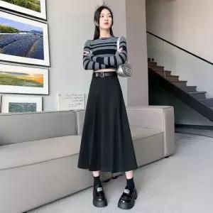셀럽하우스 클래식 모직 주름 롱스커트