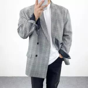 [엠클로]남자 오버핏 숄카라 글렌체크 더블 박스자켓 2컬러