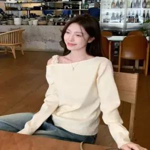 [오노마] ONM 4컬러 플라워 어깨끈 오프숄더 가을 긴팔 니트티 41018416)