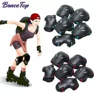 BraceTop 6 개/대 청소년 및 성인 무릎 패드 팔꿈치 손목 보호대 롤러 스케이트 보드 사이클링 스포츠 용