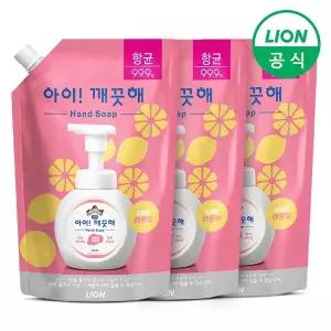 [라이온코리아]아이깨끗해 핸드워시 리프레쉬 레몬향 600ml 대용량 리필 3개(파우치형)