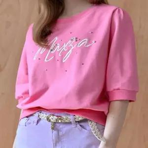 [마쟈]레터링 진주 스터드 포인트 맨투맨 티셔츠(핑크)
