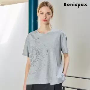 플라워 패치 밑단 절개 라운드넥 반팔 티셔츠 (XQ2LW021L0)
