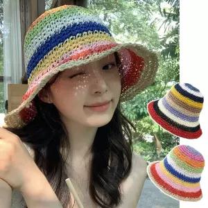 여성 2컬러 알록달록 프리티 레인보우 밀짚 버킷햇
