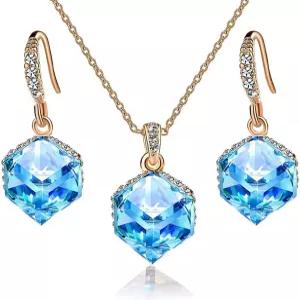 여성용 EVEVIC 컬러풀 큐빅 오스트리아 크리스탈 펜던트 목걸이 귀걸이 14K 골드 도금 저자극 주얼리 세트