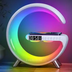 스마트 LED 테이블 램프 스피커 포함 4-in-1 무선 충전기 야간 조명 알람 시계 앱 제어 기능 블루투스 가정