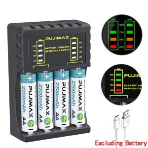 AA/AAA 배터리 충전기 4슬롯(지능형 LED 표시기 포함) Ni-MH/Ni-Cd 충전식 USB C 마이크로