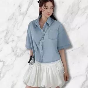 /신상오픈런 여성 여름 반팔 크롭 데님 셔츠 카라넥 박스핏