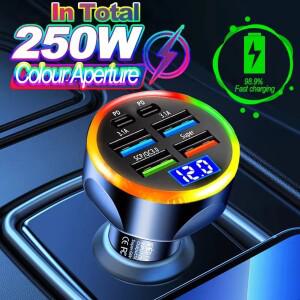 250W PD 차량용 충전기 QC3.0 빠른 6개의 자동차 시가 라이터 플러그 디지털 디스플레이가 있는 플래시