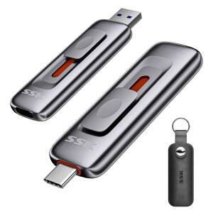 SSK 2TB 플래시 드라이브 SSD 외장 최대 1000MB/S의 푸시 풀 USB 듀얼 헤드 폰 15/16/17용 엄지 드라이브-USB 메모리 스틱 안드로이드 태블릿 윈앤맥 아연 합금 i9A