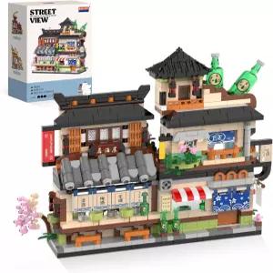 QCQBL 일본 이자카야 상점 미니 빌딩 블록 1076 PCS 스트리트 뷰 아키텍처 모델 키트 14+ 성인 수집용