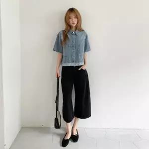 여자 데일리 캐주얼 스트라이프 배색 크롭핏 데님 셔츠_25505694_588872