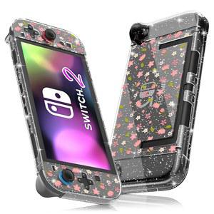 FUNDIARY Clear Case for Switch 2 Console Design, Ergonomic Sakura Hard Skin & Controller PC Accessories Cover Slim and Shock-Absorption Game Protective with Glitter Grips Grip