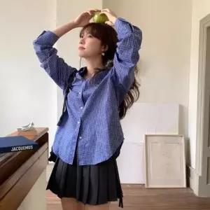 셀럽하우스 여성 청량한 블루 체크패턴 루즈핏 실루엣 셔츠 남방
