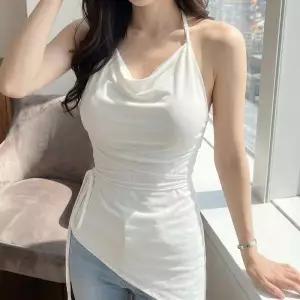 /옷자락 여자 베이직 슬림핏 홀터넥 롱 티셔츠