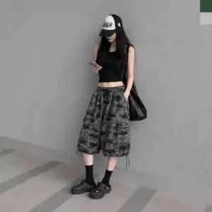 AGG 1015W 여자 카모 밀리터리 스트링 카고 버뮤다 밴딩 팬츠