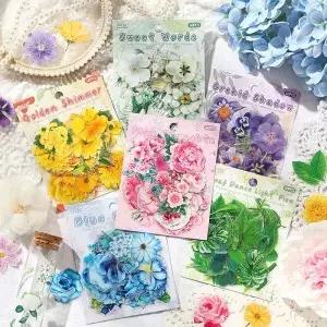60Pcs 투명 꽃 PET 스티커 저널 스크랩북 플래너 사진 앨범 DIY 장식을위한 방수 식물 데칼