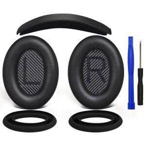 보스 콰이어트컴포트 QC35 / II 오버이어 헤드폰용 소울윗 교체 키트 이어 패드 쿠션 + 헤드밴드 실리콘 스웨트 커버 - 블랙 vAP