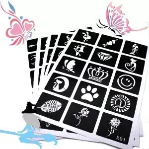 33pcs 에어 브러시 반짝이 스텐실 여성 잉 템플릿 작은 꽃 나비 헤나