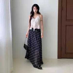 [하프클럽/]여자 봄코디 체형커버 시스루 체크 패턴 롱 플레어 스커트