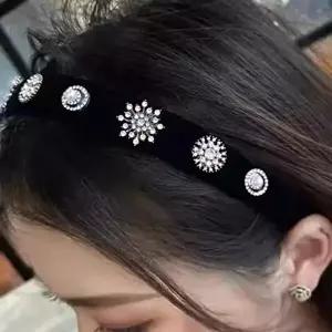 머리띠 진주 큐빅 벨벳 명품 큐빅 진주 제니 헤어밴드 엔틱 엔틱 블랙 벨벳-WFOLYT6