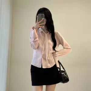 여자 스트라이프 롱타이 핑크 벨소매 카라넥 셔츠