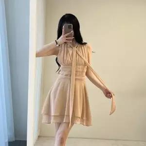 [하프클럽/]여자 롱타이 셔링 플레어 쉬폰 민소매 미니 원피스