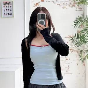 여자 여름 배색 데이지 라운드넥 스판 끈 나시