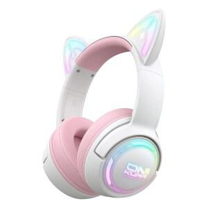 RGB 라이트가 장착된 LYIVS 무선 고양이 귀 게이밍 헤드셋 U2013 트라이 모드(2.4G 무선/블루투스/유선) 오버 이어 헤드폰 마이크 50MM 드라이버 저지연 긴 배터리 TYPE-C 고속 충전(핑크) v4P